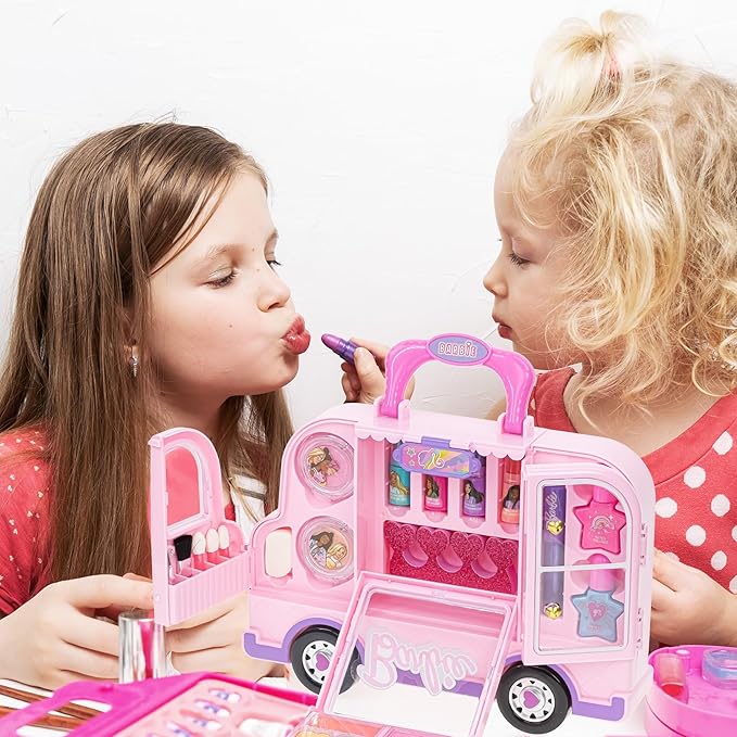 Barbie Car Makeup Kit for Girls, Real Washable Toy Makeup Set, Barbie Gift, Play Makeup and Pretend Play Toys Ages 6 7 8 9 10 11 12-Velvo Beauty