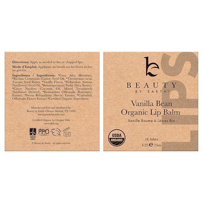 4 Pack Organic Vanilla Bean & Honey Lip Balm - Natural Lip Moisturizer Gifts for Men, Women & Kids-Velvo Beauty