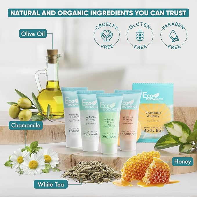 Eco Botanics Hotel Soaps & Toiletries Bulk Set | 0.85oz Hotel Shampoo & Conditioner, Body Wash, Body Lotion & Bar Soap Travel Size | Half Pallet, 36 cases with 300 units each - 10,800 pieces-Velvo Beauty