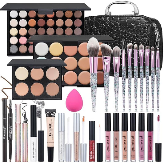All In One Makeup Kit,Full Makeup Set For Wonmen Includes 40 Colors Eyeshadow Palette Lip Gloss Liquid Lipstick Make up Sponge Brushes Eyebrow Concealer With Makeup Bag-Velvo Beauty