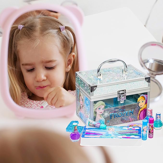 Disney Frozen Train Case Girls Beauty Set, Kids Makeup Kit for Girls, Real Washable Toy Makeup Set, Frozen Gift, Play Makeup, Pretend Play, Party Favor, Birthday, Toys Ages 3 4 5 6 7 8 9 10 11 12-Velvo Beauty
