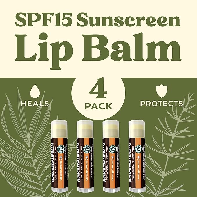SPF Lip Balm 4-Pack by Earth's Daughter - Lip Sunscreen, SPF 15, Organic Ingredients, Coconut Flavor, Beeswax, Coconut Oil, Vitamin E - Hypoallergenic, Paraben Free, Gluten Free, New-Velvo Beauty