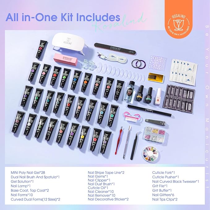 ROSALIND 28 Colors Poly Nail Gel Kit With Mini Lamp - Clear Neon Starter Kit for Beginners, Halloween, Spring, Summer With Everything-Velvo Beauty