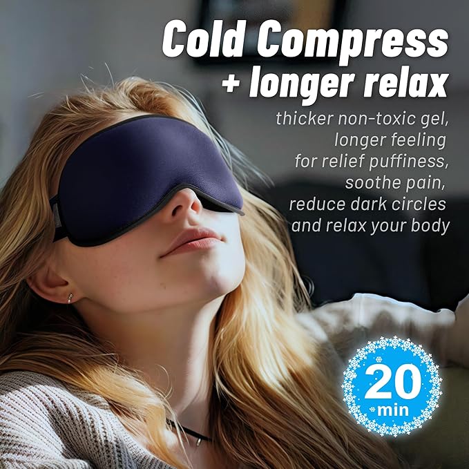 Cooling Gel 3D Sleep Eye Mask-Weighted Blackout Sleep Mask & Cold Compress for Dark Circles, Dry Eyes, and Puffiness - Comfortable, Eyelash-Friendly, Reusable for Relaxing Sleep -Blue-Velvo Beauty