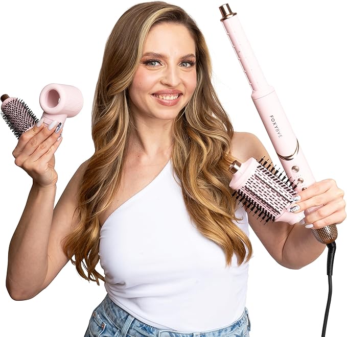 FoxyBae Super Styler Pro Interchangeable 5 in 1 Hair Styler Wand Curling Iron Set - w/Drying Cylinder, Ceramic Blowout & Round Brushes, 2 Auto-Wrap Curlers - Frizz-Free, Smooth Hair [Blush]-Velvo Beauty