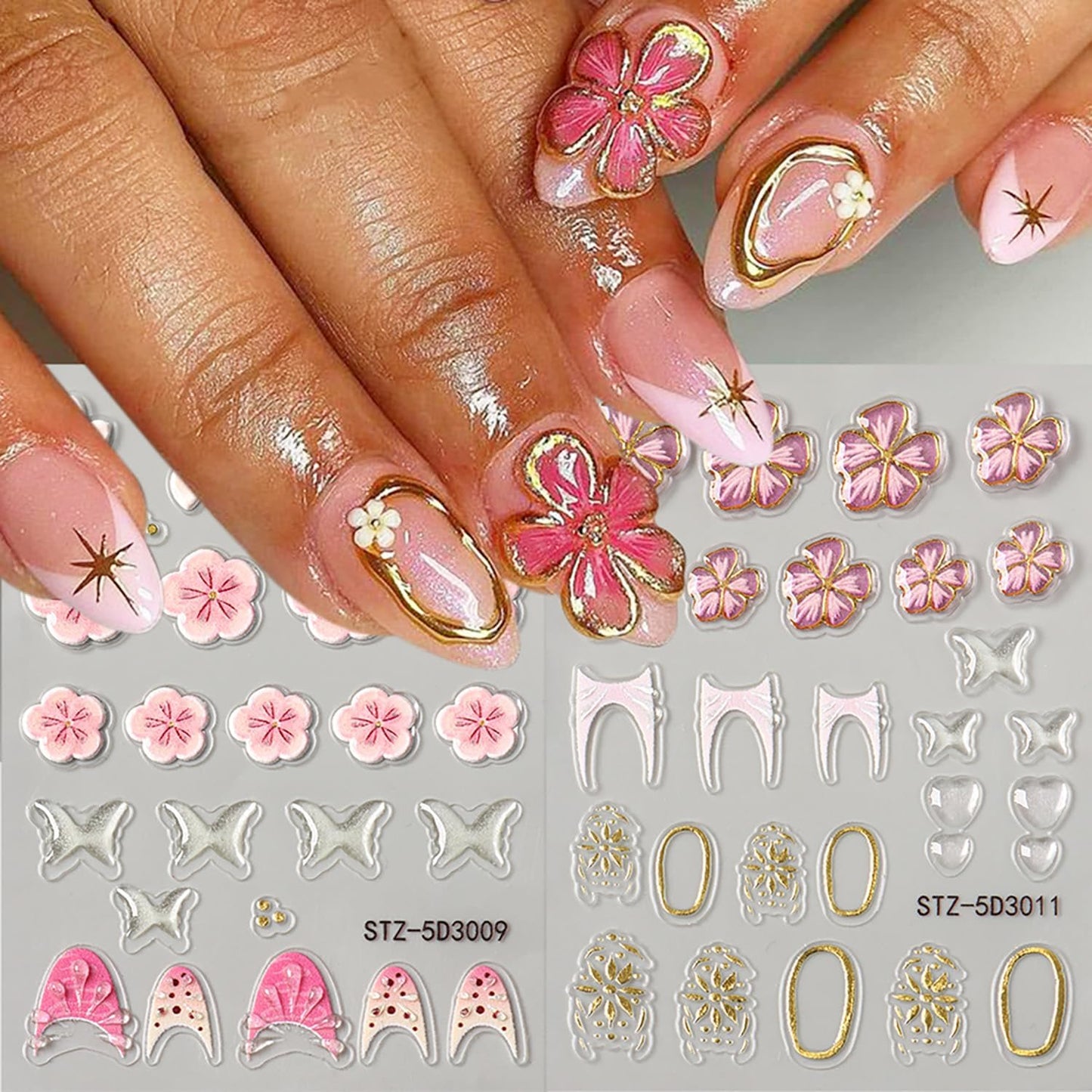 6 Sheets Flower Nail Art Stickers 5D Self-Adhesive Nails Sticker Floral Butterfly Nail Art Decals Holographic Decal Decoration for Women Golden Bow Manicure Stickers DIY Nail Sticker Supplies-Velvo Beauty