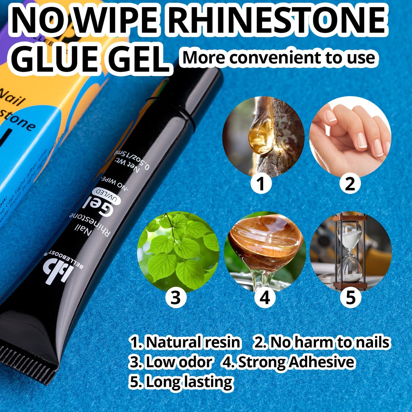 Nail Art Rhinestone Glue Gel&2 Boxes Flatback Gems Kit, 1 Tube of 15ml Rhinestone Gel Glue(UV/LED Needed)+Colorful Gems+Flat-Back Round Glass Crystal Clear Gemstones with Pickup Tools-Velvo Beauty