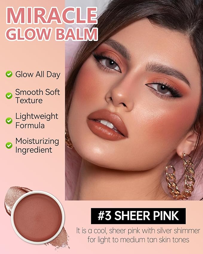 Multi Glow Balm,Miracle Glow Balm Tinted Face Creamy Blush for Cheeks Lip Eye,Hydrating Lightweight & Blendable Color,Shimmer Blusher Facial Makeup,Mother's Day Gift for Women Girl -03 Sheer Pink-Velvo Beauty