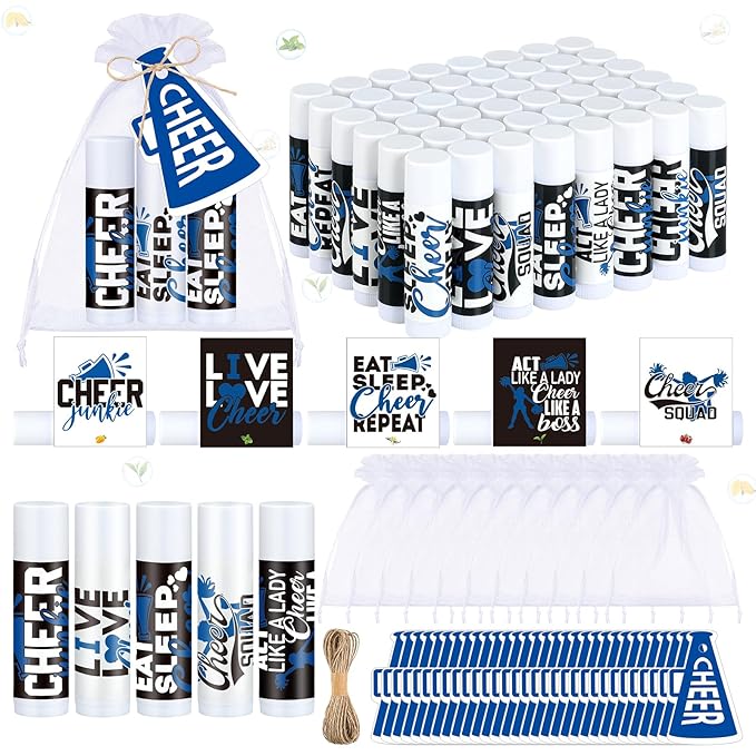 50 Sets Cheer Gifts Bulk 50 Cheer Lip Balm Bulk Moisturizing with 50 Organza Drawstring Gift Bags 50 Tags Cheerleader Gifts Cheer Gifts Bulk for Team (Blue)-Velvo Beauty