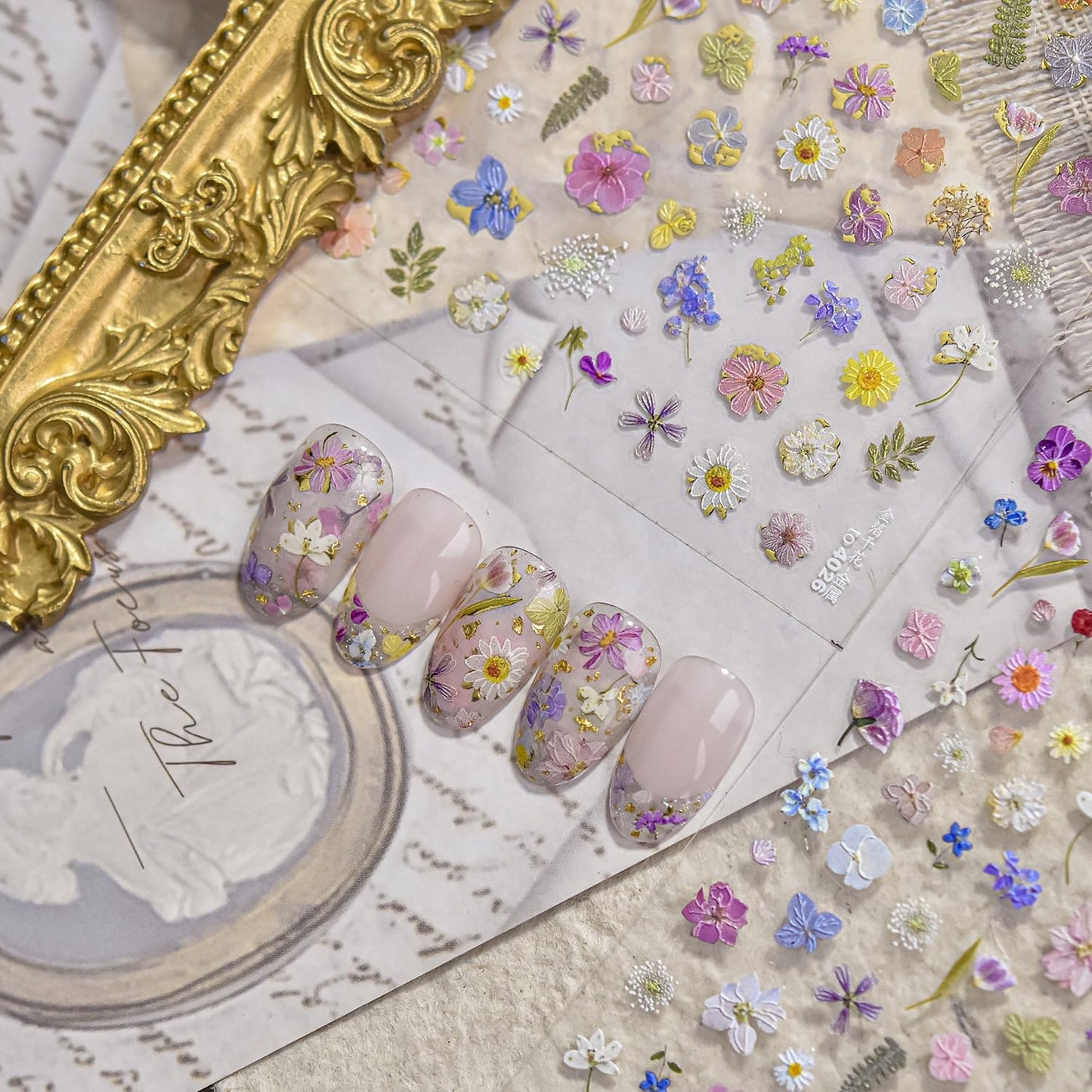 Flowers Nail Art Stickers Colorful Dried Flower Nail Decals 3D Self Adhesive Gold Foil Designs Spring Summer Nail Sticker Daisy Nail Stickers Cute Floral Nail Decal for DIY Nail Art Nails Decor Women-Velvo Beauty