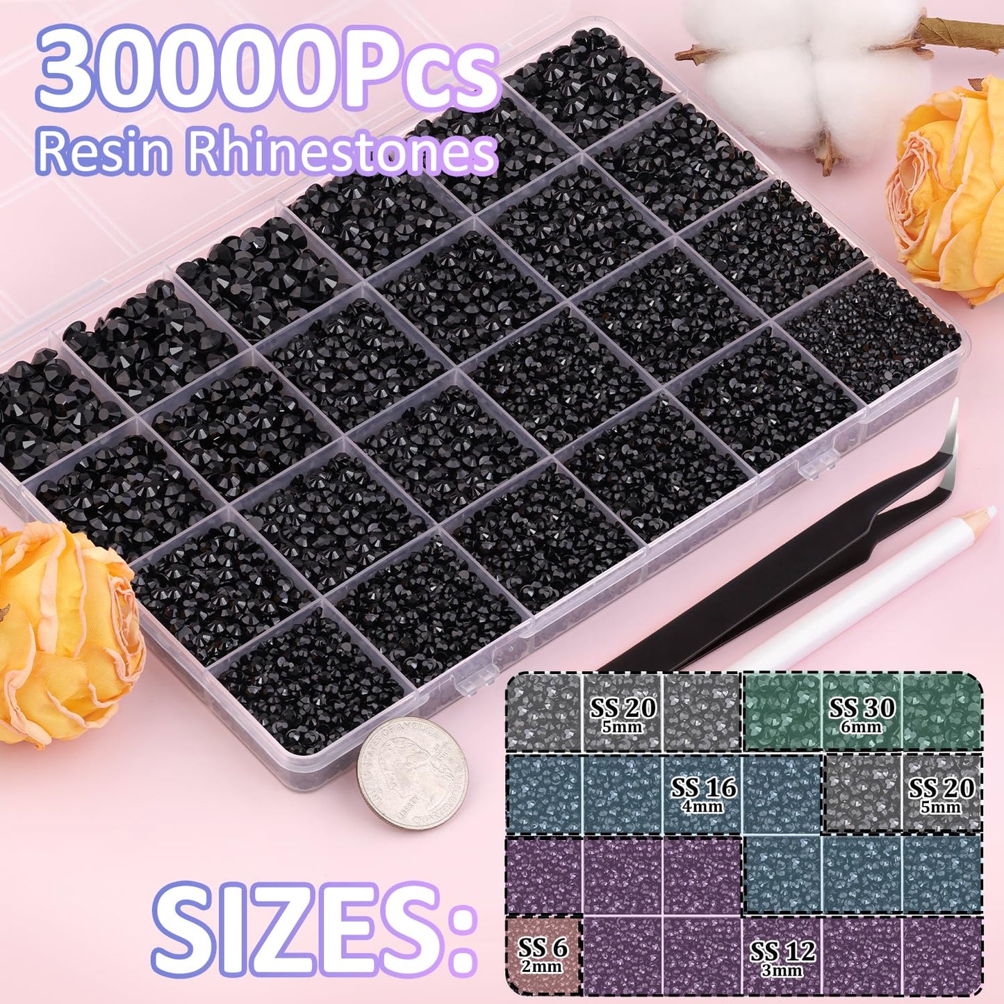 30000Pcs Black Rhinestones for Bedazzling with B7000 Jewelry Glue, Bedazzler Kit Flatback Gems, Resin Rhinestones for Crafting Crafts Clothing Shoes Fabric Nail Art Assorted Size 2/3/4/5/6mm-Velvo Beauty