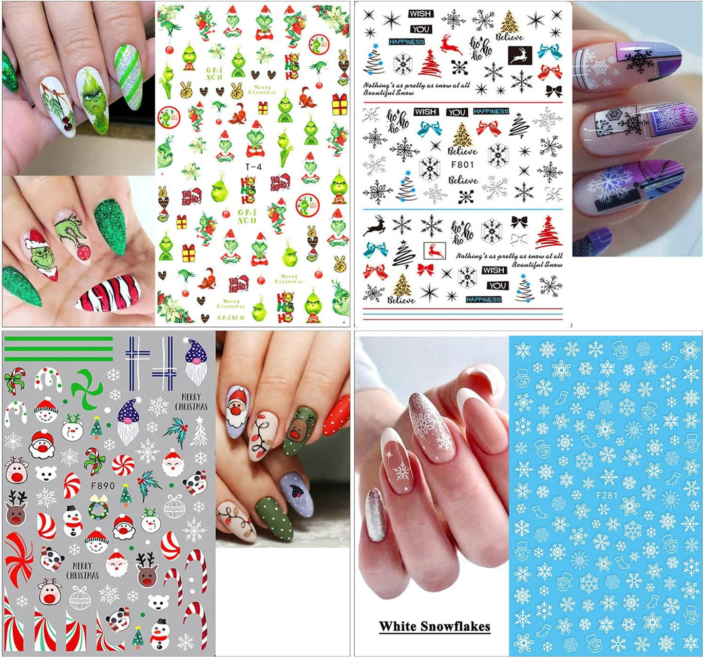 10 Sheets Christmas Nail Art Stickers 3D Xmas Nail Decals Winter Snowflake Santa Claus Snowman Buffalo Plaid Reindeer Nail Stickers for Christmas Nail Designs Decorations Manicure Tips Charms-Velvo Beauty