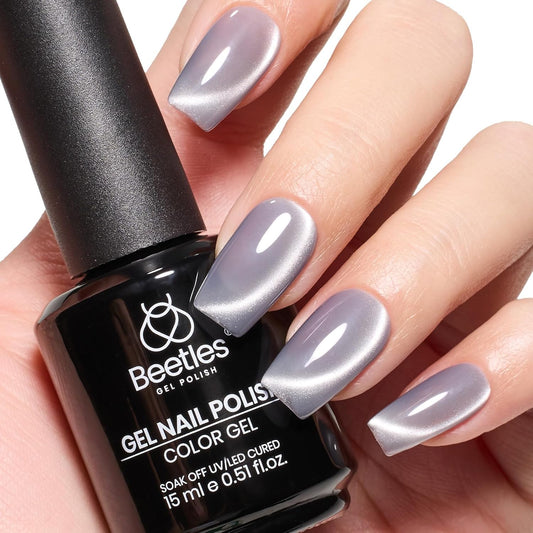 Beetles Gray Cat Eye Gel Nail Polish - 15ML Dark Gray Glass Cat Eye Glitter Gel Polish with Magnet Shimmer Sheer Gel Soak Off UV Moonlit Dew Collection Nail Art Design Manicure Gifts for Women-Velvo Beauty