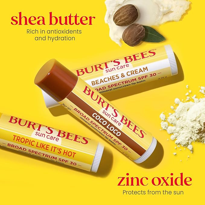 Burt’s Bees SPF 30 Lip Balm Mothers Day Gifts for Mom, Beaches and Cream, Water-Resistant Sun Care, Nano-Free Zinc Oxide Formula, Natural Origin Conditioning Lip Treatment, 3 Tubes, 0.15 oz.-Velvo Beauty