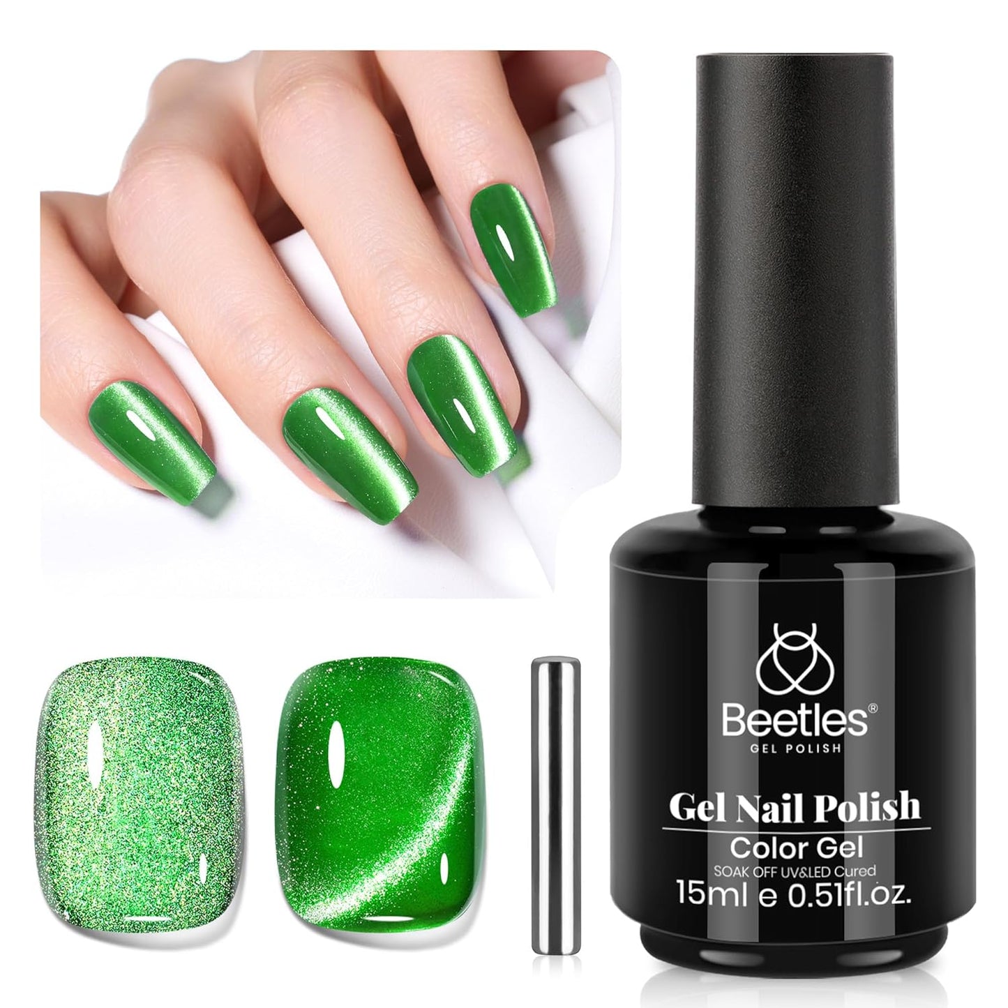 Beetles Green Cat Eye Gel Polish, 15ML Summer Emerald Green Gel Nail Polish with Magnet Soak Off UV Shimmer Velvet Gel Enchanted Glimmer Series French Nail Art Manicure Gifts for Women-Velvo Beauty
