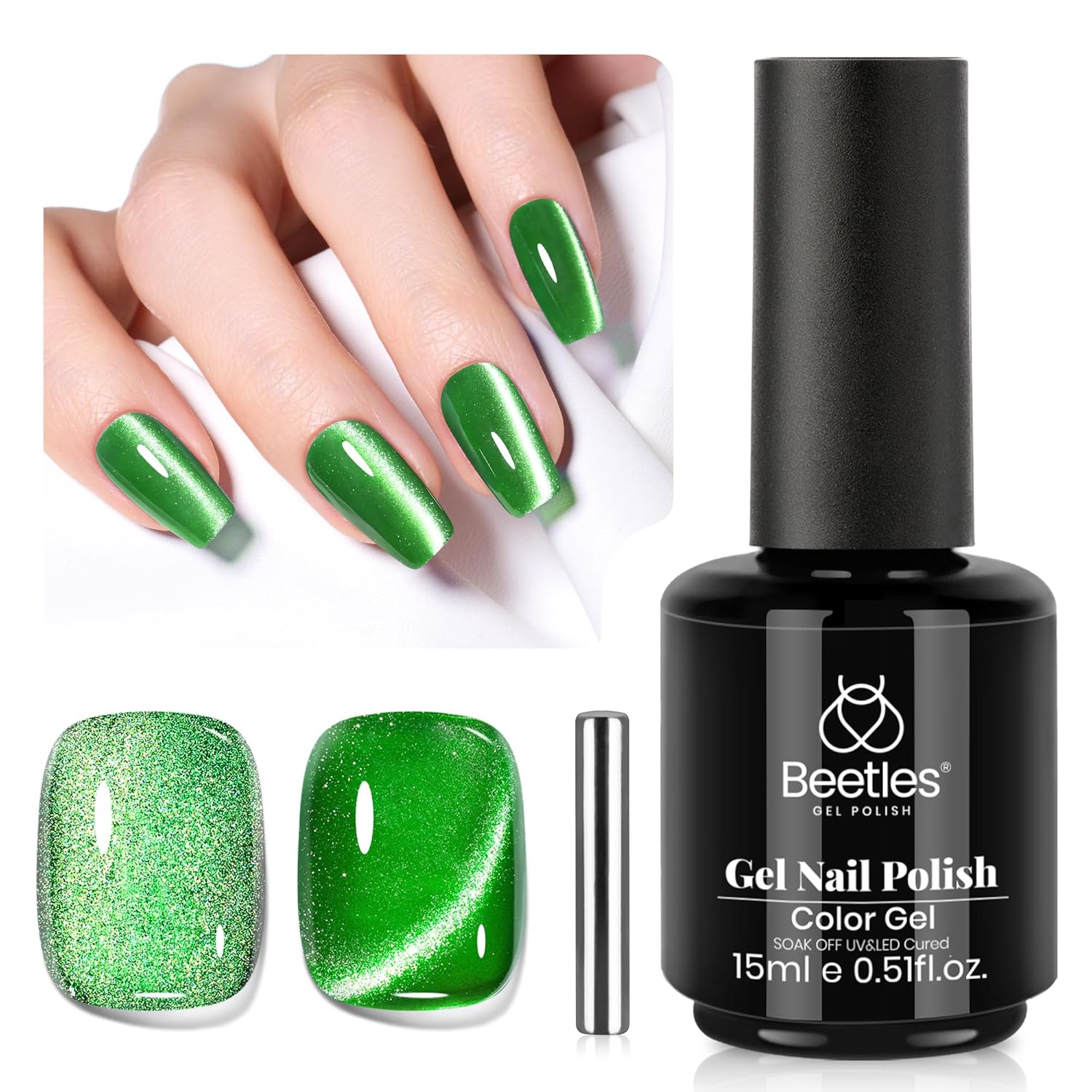 Beetles Green Cat Eye Gel Polish, 15ML Summer Emerald Green Gel Nail Polish with Magnet Soak Off UV Shimmer Velvet Gel Enchanted Glimmer Series French Nail Art Manicure Gifts for Women-Velvo Beauty