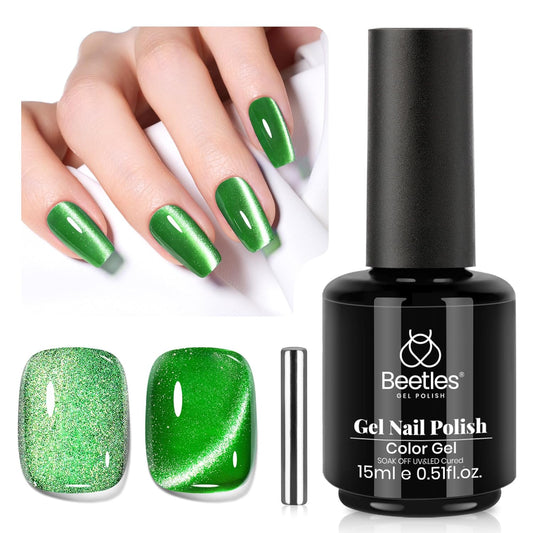 Beetles Green Cat Eye Gel Polish, 15ML Summer Emerald Green Gel Nail Polish with Magnet Soak Off UV Shimmer Velvet Gel Enchanted Glimmer Series French Nail Art Manicure Gifts for Women-Velvo Beauty