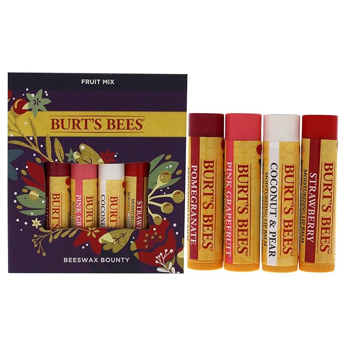 Burt’s Bees Holiday Gift, 4 Lip Balm Stocking Stuffer Products, Beeswax Fruit Set - Pomegranate, Sweet Mandarin, Coconut and Pear & Watermelon (Old Version)-Velvo Beauty