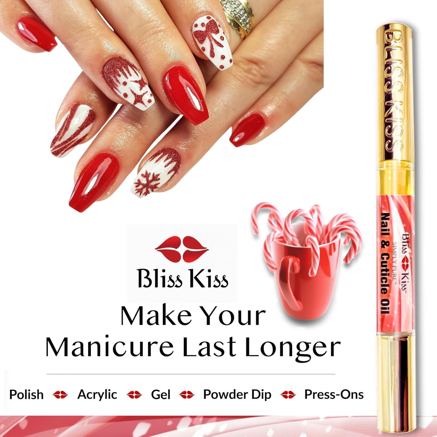 Bliss Kiss | 1 Candy Cane Fragrance | Nail Oil Cuticle Pen w/Vitamin E & Jojoba⏤Nail Strengthener Nail Growth Serum for Brittle Peeling Breaking Thin Nails-Velvo Beauty