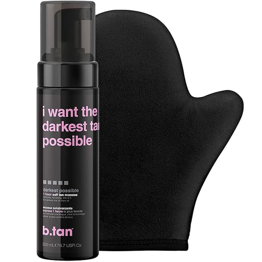 b.tan Dark Self Tanner Kit | Get The Darkest Tan Possible Bundle - Best Dark Self Tanning Mousse w Mitt Applicator, 1 Hour Sunless Tanner, Fast Bronzing Glow, No Fake Tan Smell, Vegan, 6.7 Fl Oz-Velvo Beauty