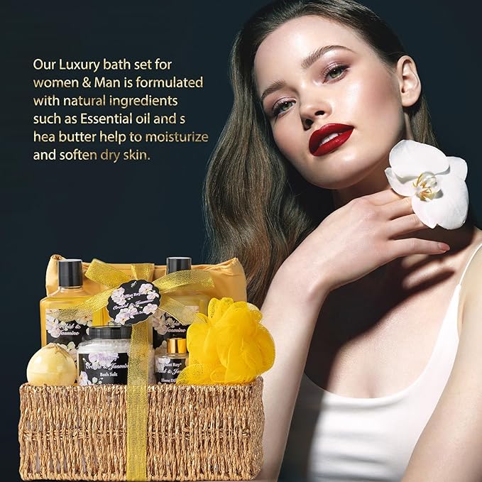 Mother's Day Gift for Mom Bath and Body Gift Basket Orchid & Jasmine Spa Gift Baskets for Women Fragrant Body Lotions, Bath Bomb, Home Spa Gift Basket Rich in Jojoba oil & Shea Butter, Bath Kit Sets-Velvo Beauty