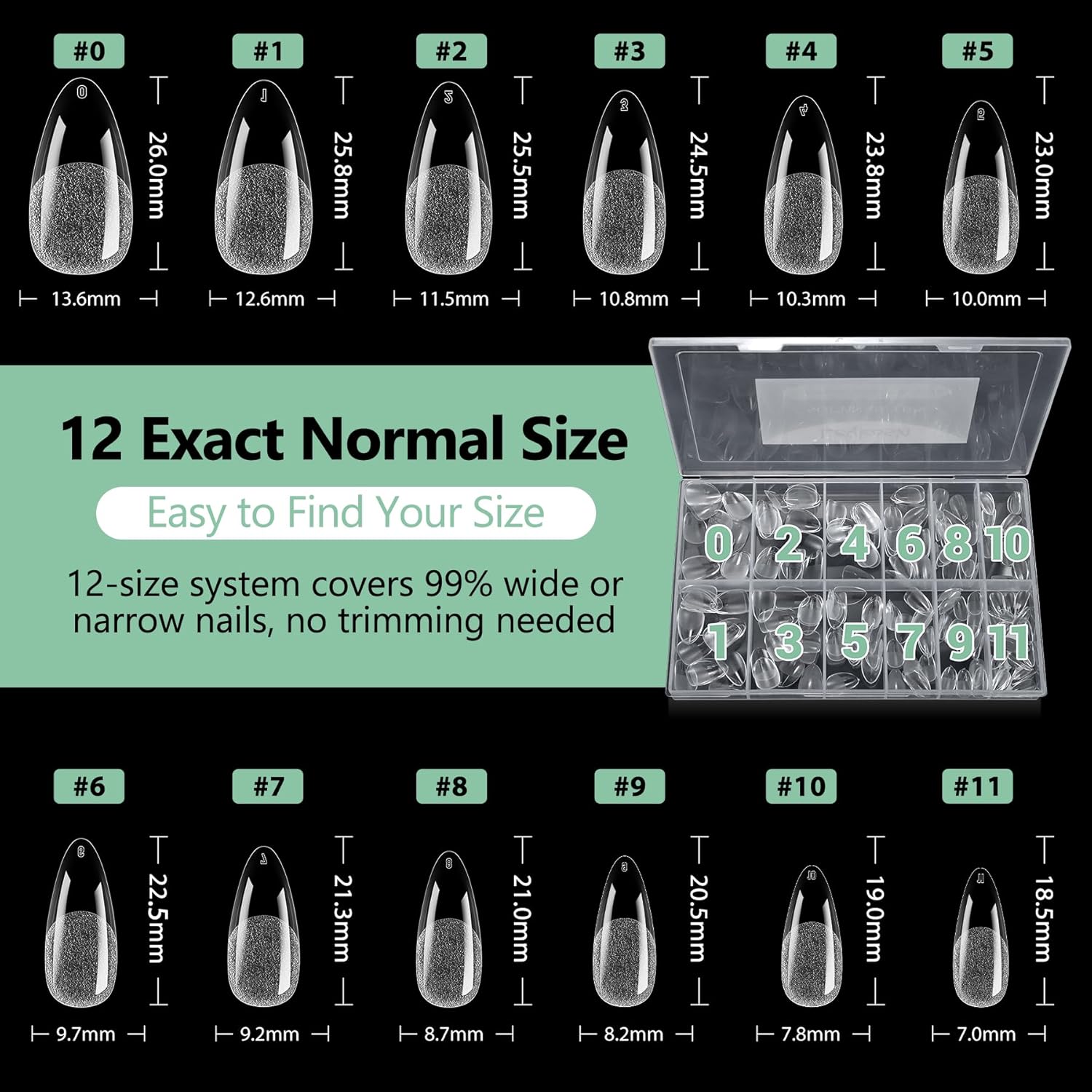 Medium Almond Nail Tips, 216pcs Acrylic Fake Nails Gel Nail Tips Soft, Full Cover Pre-Shaped Matte Clear Press on Nails for Extension, Diy at Home Manicure 12 Sizes-Velvo Beauty