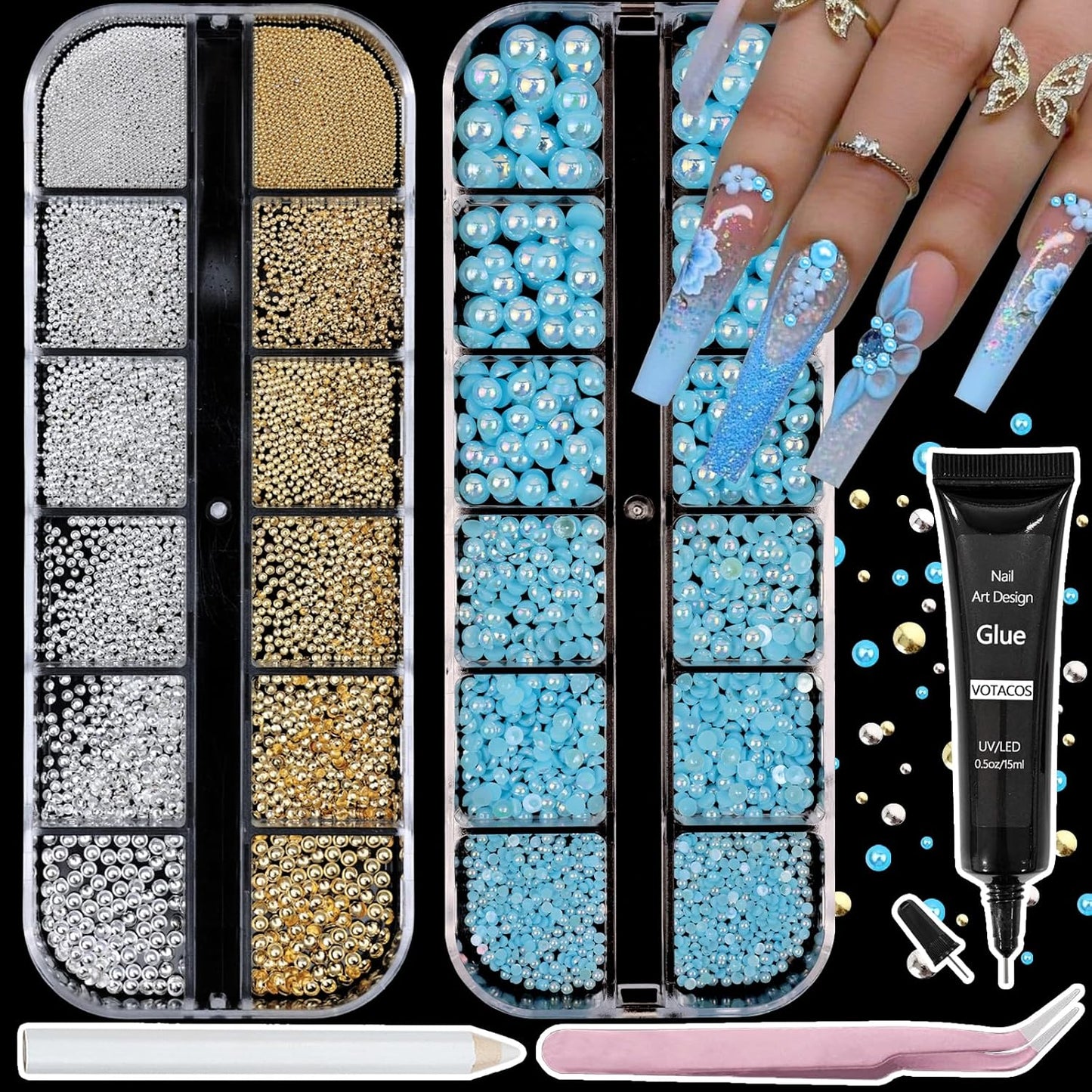 Nail Art Pearls with Rhinestones Glue Gel Flatback Pearls Nail Charms Luxurious Nails Supplies Accessories Gold Silver Gems Jewelry Pearl for Women Nails Design(Blue)-Velvo Beauty