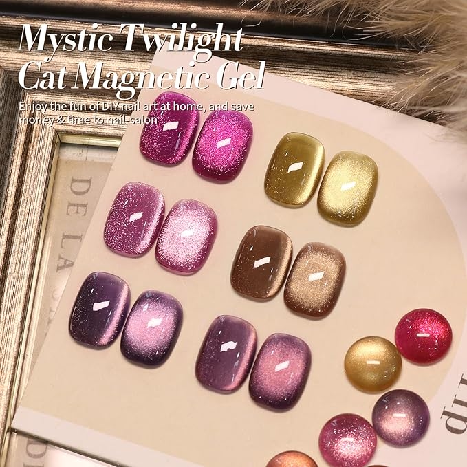 Born Pretty Cat Magnetic Eye Gel Nail Polish, Fall Winter Jelly Glass Magnetic Gel Polish, Purple Brown Pink Nude Glitter Soak Off Nail Art Salon Manicure Home Gift 7ml 6pcs-Velvo Beauty