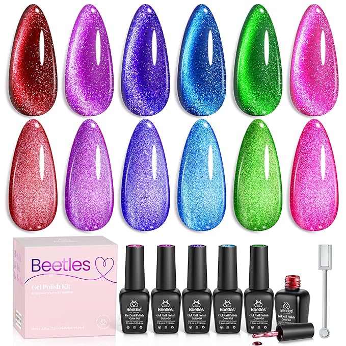 Beetles Cat Eye Gel Nail Polish, 6 Colors Summer Cat Eye Glitter Gel Polish Set Neon Red Pink Purple Blue Green with Magnet Velvet Gel Kit French Nail Art Manicure Gift for Women-Velvo Beauty