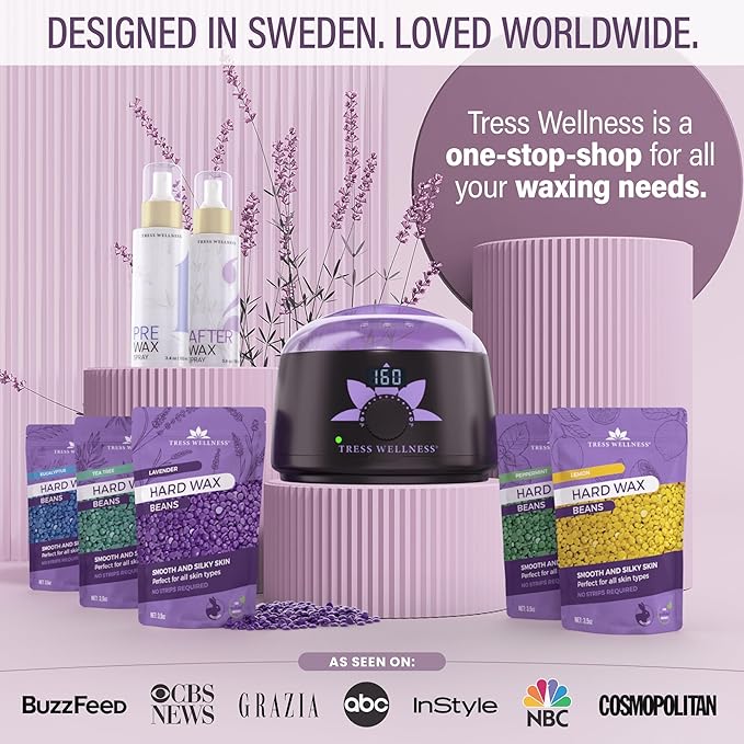 Tress Wellness Waxing Kit for Sensitive Skin – Safe for Face & Skin, Prep & Aftercare Spray, Easy to Use – At-Home Kit for Face, Bikini, Brazilian & Full Body - Digital Display, Misty Lilac-Velvo Beauty
