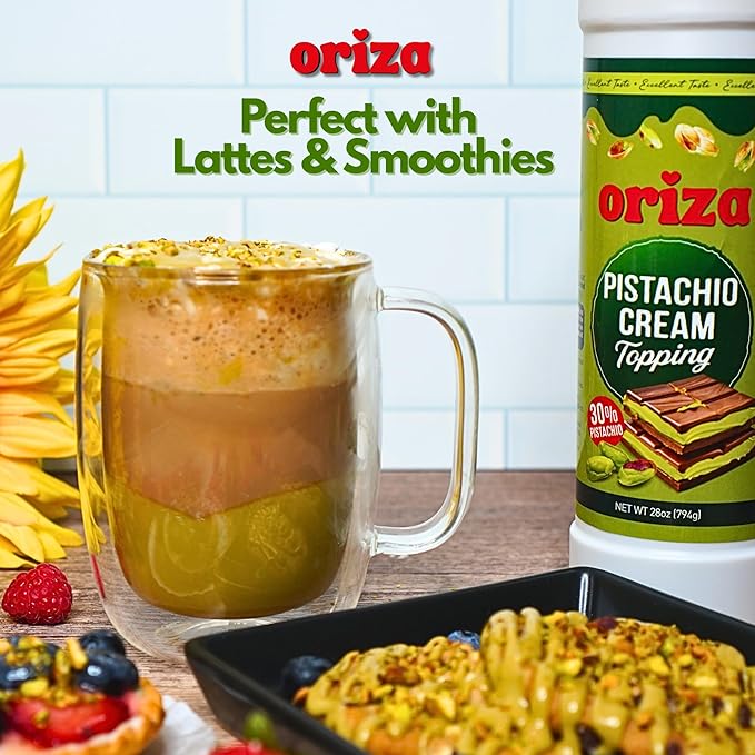 Oriza Pistachio Cream Topping, 28oz Bottle – Premium Pistachio Spread with 30% Pistachios, Palm Oil Free, Non-GMO, Natural Color – Dessert, Latte & Baking Cream-Velvo Beauty
