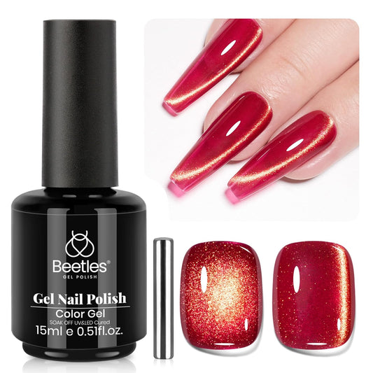 Beetles Red Cat Eye Gel Nail Polish - 15ML Cherry Red Glass Magnetic Cat Eye Glitter Gel Polish with Gold Powder Soak Off UV Twilight Toast Collection Nail Art Design Manicure Gifts for Women-Velvo Beauty