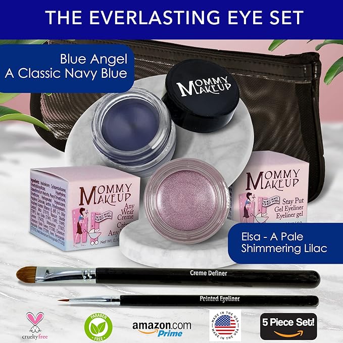 The Everlasting Eye 5 Piece Waterproof Makeup Set. Gel Eyeliner, Creme Eyeshadow, 2 brushes and Mesh Bag. Paraben-free, Talc-free, Cruelty-free. Elsa/Blue Angel 1112-Velvo Beauty