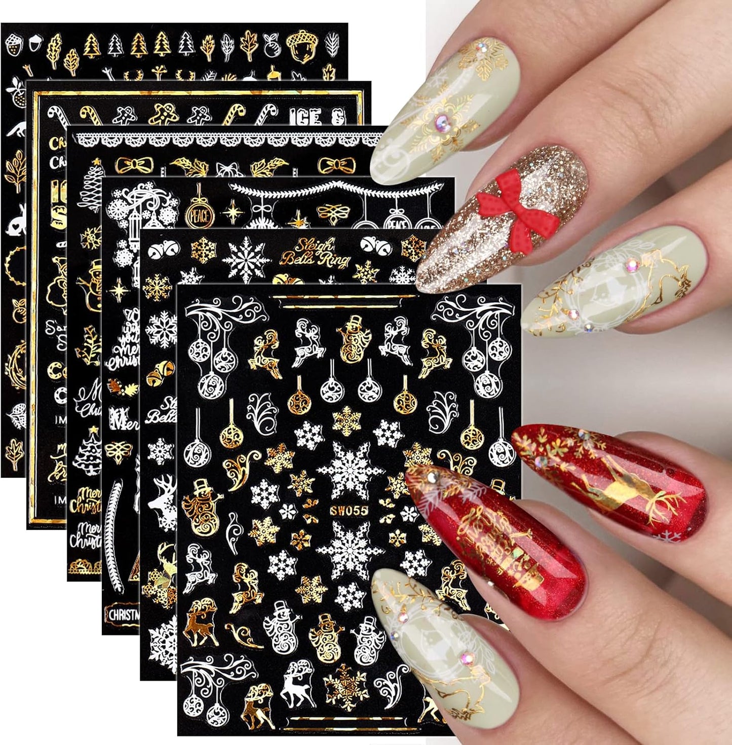 9 Sheets Christmas Nail Art Stickers Decals Self-Adhesive Pegatinas Uñas Gold White Nail Supplies Nail Art Design Decoration Accessories-Velvo Beauty