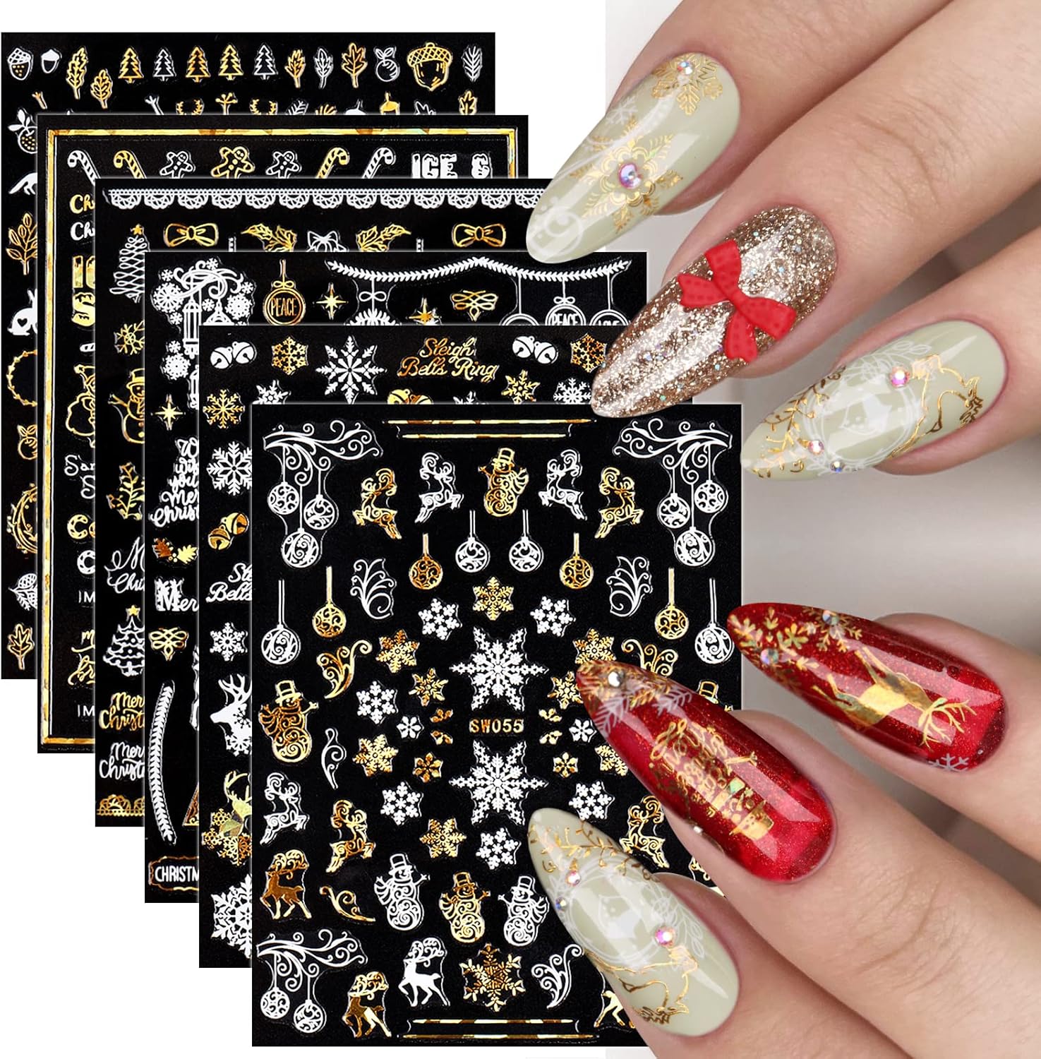 9 Sheets Christmas Nail Art Stickers Decals Self-Adhesive Pegatinas Uñas Gold White Nail Supplies Nail Art Design Decoration Accessories-Velvo Beauty