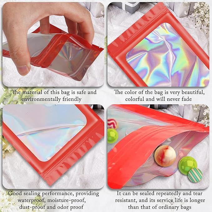 ANZNKU 100 Pcs Smell Proof Mylar Resealable Bags, Holographic Packaging Bags, Resealable Odor Foil Pouch Zip Bags with Clear Window for Food Storage and Lipgloss, Jewelry Lash (Red, 3.9 x 7.1 Inch)-Velvo Beauty