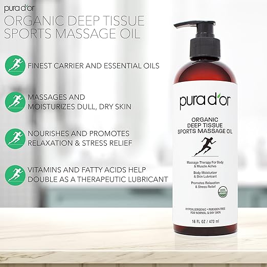 PURA D'OR 16 Oz Organic Deep Tissue Sports Massage - Jojoba, Sunflower, Almond, Grapefruit & Eucalyptus Oils - Alleviate Muscle Soreness-Velvo Beauty