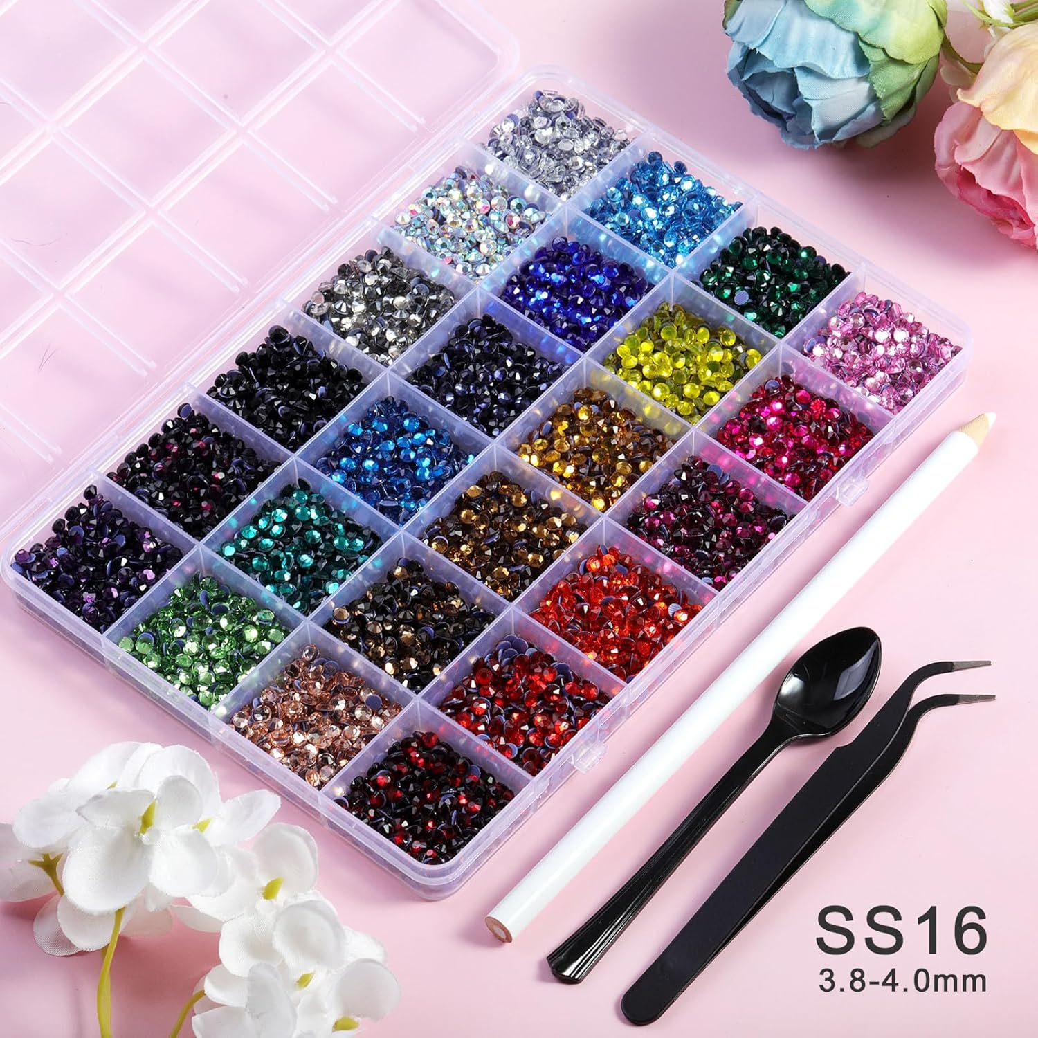 Hotfix Rhinestones Mixed 24 Colors, SS16 Rhinestones for Crafts Clothes, Hotfix Crystals with 1 Tweezers, 1 Wax Pencil and 1 Spoon-Velvo Beauty