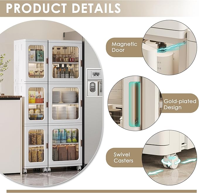 VECELO 4-Tier Plastic Tall Narrow Storage Cabinet with Movable Wheels, Adjustable Shelves, Magnetic Doors, Slim Bathroom Organizers and Storage for Small Space, Bathroom, Kitchen, Laundry, White-Velvo Beauty