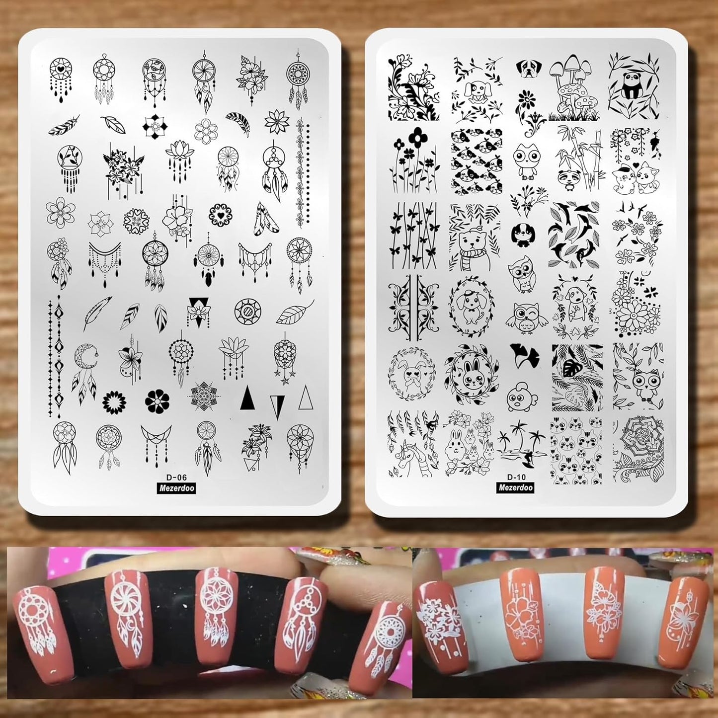2pcs Mix Nail Art Stamp Template Dreamcatcher Feather Pendant Image Nail Stamping Plates Cute Animals Cartoon DIY Designs Manicure Stamper Plate Stencils-Velvo Beauty