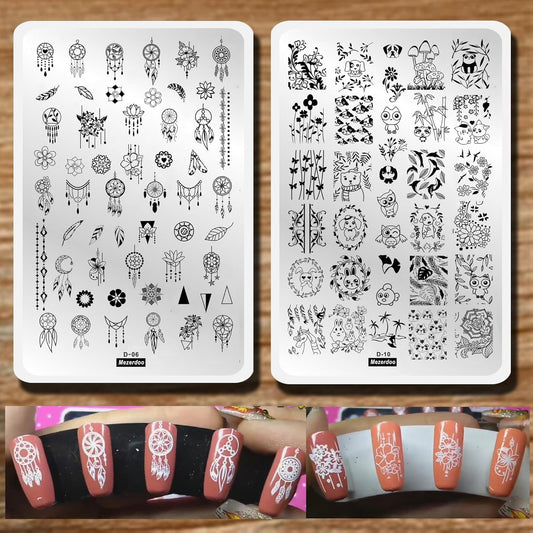 2pcs Mix Nail Art Stamp Template Dreamcatcher Feather Pendant Image Nail Stamping Plates Cute Animals Cartoon DIY Designs Manicure Stamper Plate Stencils-Velvo Beauty