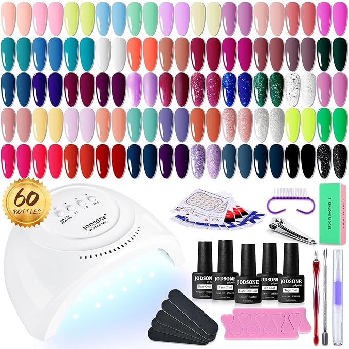 JODSONE Gel Nail Polish Kit 60 PCS with U V Light Soak off Base Top Coat 55 Shine Colors Gel Nail Kit Bright and Dark Brown Wine Red Series Manicure Set for Women and Girls-Velvo Beauty