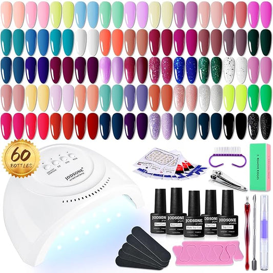 JODSONE Gel Nail Polish Kit 60 PCS with U V Light Soak off Base Top Coat 55 Shine Colors Gel Nail Kit Bright and Dark Brown Wine Red Series Manicure Set for Women and Girls-Velvo Beauty