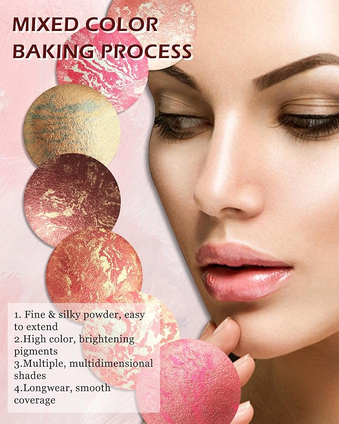 Baked Blush,Glow Marbleized Blusher Powder Palette,Lightweight Shimmery Blusher for Cheeks,Eyeshadow & Highlight,Makeup Gift for Women rubores de maquillaje(0.49Ounce)-08 Gold Pink-Velvo Beauty