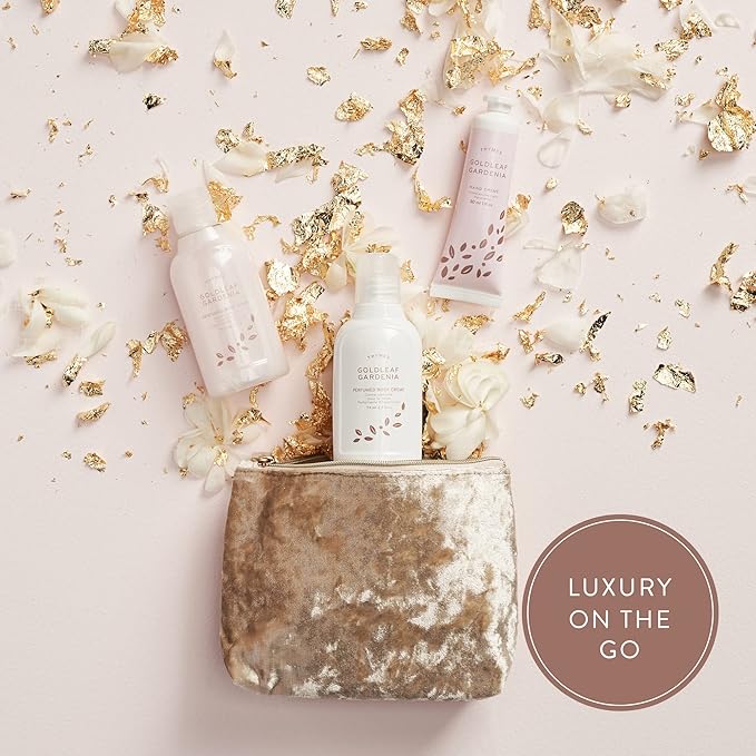 Thymes Perfumed Travel Set and Beauty Bag - Contains Body Wash, Body Lotion & Hand Cream - Goldleaf Gardenia-Velvo Beauty