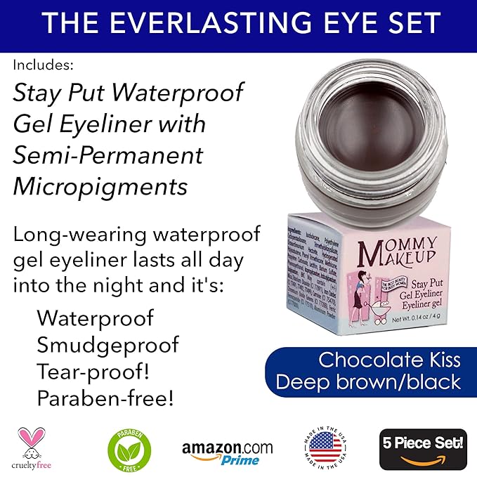 The Everlasting Eye 5 Piece Waterproof Makeup Set. Gel Eyeliner, Creme Eyeshadow, 2 brushes and Mesh Bag. Paraben-free, Talc-free, Cruelty-free. Misty Mocha/Black Beauty 1801-Velvo Beauty