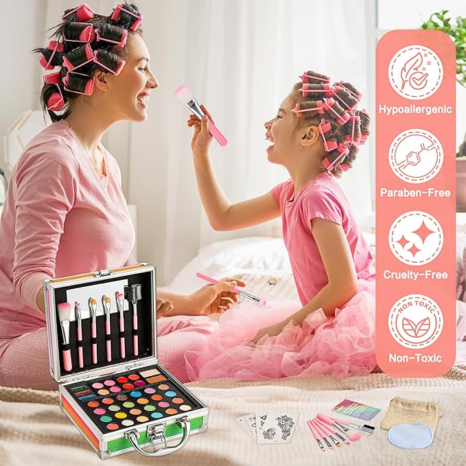 Anpro All-In-One Makeup Carry Case with Pro Teen Makeup Set, Full Starter Cosmetics Kit with Makeup Brushes, Eye Shadows Palette, Blushes, Glitter Gel, Temporary Tattoo Stickers-Velvo Beauty