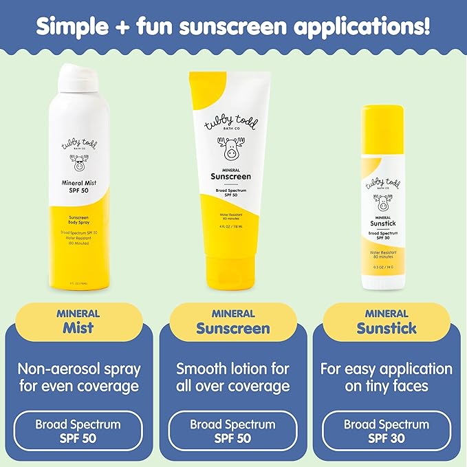 Tubby Todd Face and Body Mineral Protection Sunscreen Kit for Baby, Toddler and Kids - The Sun Bundle - Sunscreen Lotion 4 Fl Oz, Sunscreen Spray 6 Fl Oz and Sunstick 0.5 Oz - Fragrance-Free-Velvo Beauty