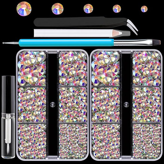 Colorful Face Gems for Makeup Set, Flatback Gorgeous Charming AB Glass Gem with Makeup Glue+Picker Pencil+Tweezer+Dual-End Dotting Tool for Eye Body Hair Make-up and Nail Art Deco-Velvo Beauty