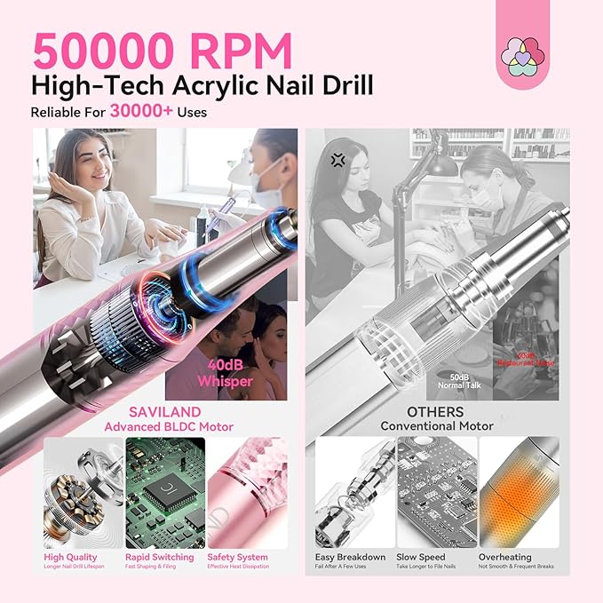 SAVILAND Electric Nail Drill Professional: 50000 RPM Electric Nail File Rechargeable Cordless Nail Drill Kit with Ceramic Drill Bits for Quick Acrylic Nail Removal Ambient Light Leopard Heart Print-Velvo Beauty